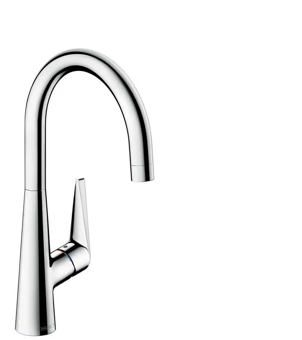 Küchenmischer aus Chrom von Hansgrohe mit einem geschwungenen Auslauf und einem Hebel zur Temperatur- und Mengenregelung.